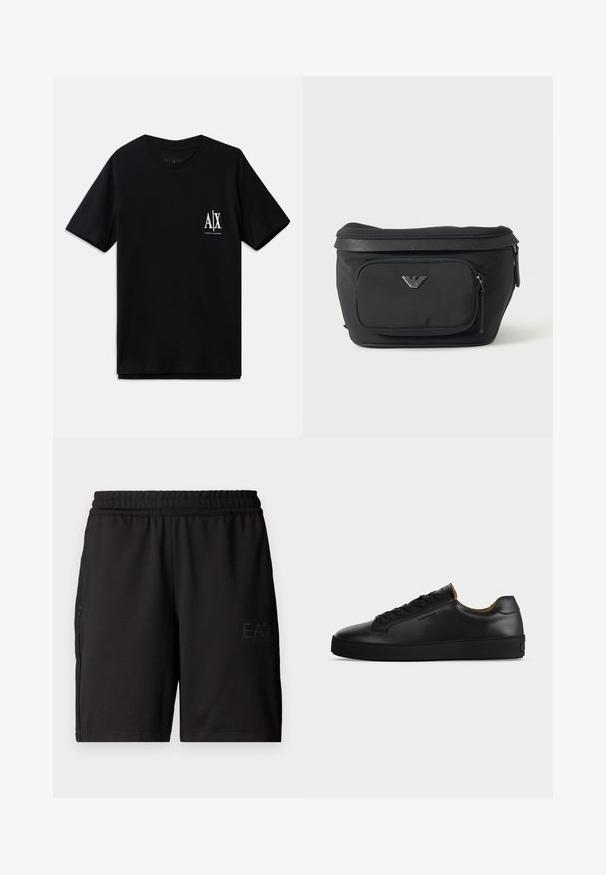 Schwarzes T-Shirt mit kurzen Ärmeln aus Baumwolle, ausgestattet mit einem kleinen weißen Logo auf der linken Brust. Einfaches Rundhalsausschnitt-Design, glatte Textur.; Schwarze Sportshorts aus leichtem Material, mit elastischem Bund und seitlichen Netzpaneelen. Markenlogo auf der Vorderseite gedruckt.; Schwarzer flacher Ledersneaker mit schwarzen Schnürsenkeln, strukturierter Gummisohle und kleinem eingeprägtem Logo an der Seite, im Profil vor grauem Hintergrund gezeigt.; Schwarze Bauchtasche mit Frontreißverschlusstasche und silbernem Adlerlogo, glattes Gewebe mit strukturiertem Besatz und Reißverschlussanhängern.