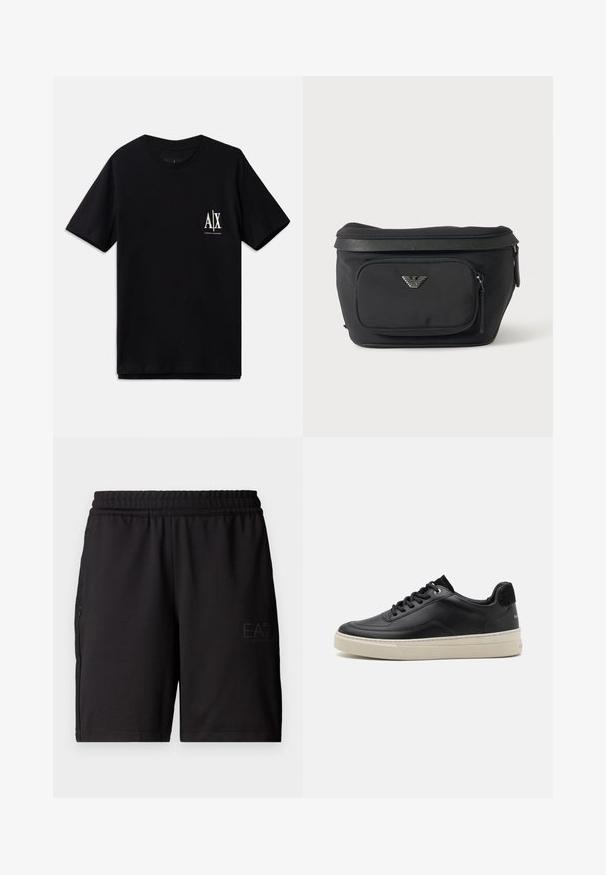 Schwarzes T-Shirt mit kurzen Ärmeln aus Baumwolle, ausgestattet mit einem kleinen weißen Logo auf der linken Brust. Einfaches Rundhalsausschnitt-Design, glatte Textur.; Schwarze Sportshorts aus leichtem Material, mit elastischem Bund und seitlichen Netzpaneelen. Markenlogo auf der Vorderseite gedruckt.; Schwarzer Ledersneaker mit niedrigem Profil, ausgestattet mit einer cremefarbenen Gummisohle, runder Zehe und Schnürdesign, akzentuiert mit einer Ferse aus schwarzem Wildleder.; Schwarze Bauchtasche mit Frontreißverschlusstasche und silbernem Adlerlogo, glattes Gewebe mit strukturiertem Besatz und Reißverschlussanhängern.