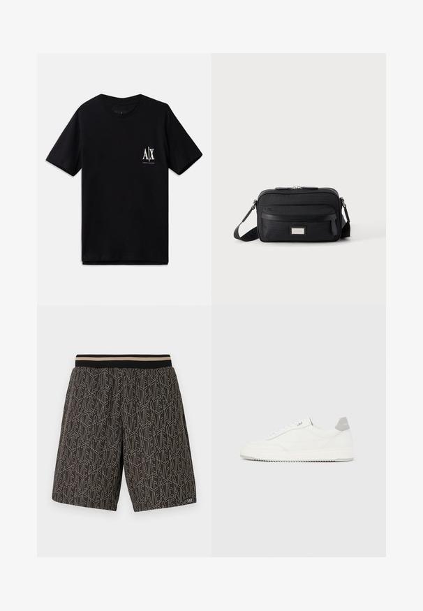Zwarte t-shirt met korte mouwen van katoen, met een klein wit logo op de linkerborst. Eenvoudig ronde hals ontwerp, gladde textuur.; Zwarte shorts met een gestructureerd patroon van diagonale lijnen en de tekst "EAT" in beige. Elastische tailleband met contrasterende strepen.; Witte lage sneaker met grijze hielpatch, witte veters en een gestructureerde zool, gepresenteerd op een effen lichte achtergrond.; Zwarte rechthoekige crossbodytas met voorvak met ritssluiting, verstelbare schouderband en zilveren rechthoekige logo-plaat op effen achtergrond.