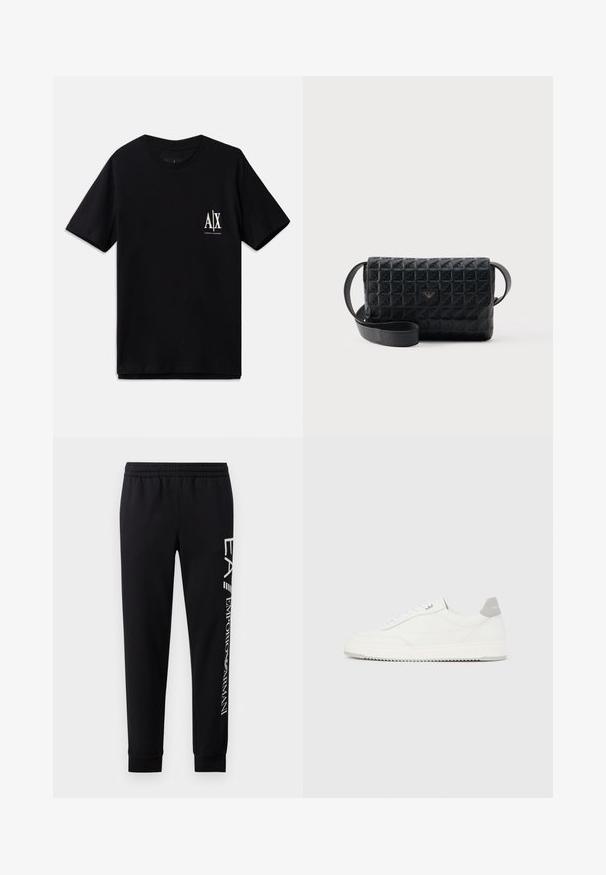 Camiseta de manga corta negra de algodón, con un pequeño logo blanco en el lado izquierdo del pecho. Diseño simple de cuello redondo, textura suave.; Pantalones de chándal negros hechos de una mezcla de algodón, con una cinturilla elástica, piernas estrechas, puños acanalados y estampado de logo blanco en el lateral.; Zapatilla blanca de corte bajo con pestaña en el talón gris, cordones blancos y suela texturizada, presentada sobre un fondo claro y liso.; Bolso bandolera negro con textura, cierre de solapa y un pequeño logo metálico en el frente, mostrado sobre un fondo liso.