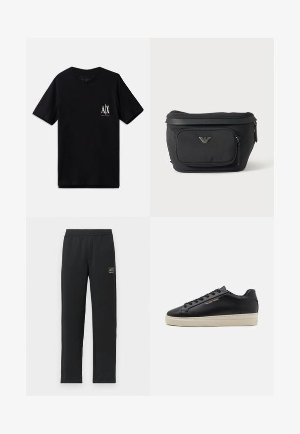 Camiseta de manga corta negra de algodón, con un pequeño logo blanco en el lado izquierdo del pecho. Diseño simple de cuello redondo, textura suave.; Pantalones de chándal negros de pierna recta con cintura elástica y logotipo negro en el muslo izquierdo superior.; Zapatilla de cuero negra con un acabado suave, suela crema en contraste, puntera redonda, logo dorado en el lateral y seis ojales para los cordones.; Riñonera negra con bolsillo frontal con cremallera y logo de águila plateado, tela lisa con ribete texturizado y tiradores de cremallera.