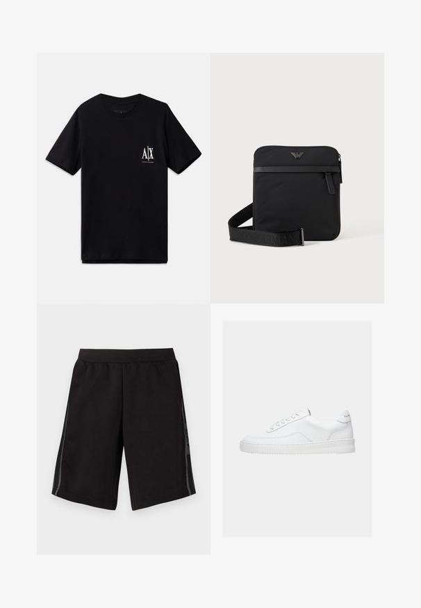Zwarte t-shirt met korte mouwen van katoen, met een klein wit logo op de linkerborst. Eenvoudig ronde hals ontwerp, gladde textuur.; Zwarte sportshorts met een elastische tailleband, voorzien van zijpanelen van gaas en een logo op het linkerpijpen. Gladde stoftextuur.; Witte lage sneaker met vetersluiting, glad leren bovenwerk en dikke zool, gezien vanuit de zijkant tegen een effen achtergrond.; Zwarte vierkante schoudertas met ritssluiting, voorvak en verstelbare band met geperste merknaam.