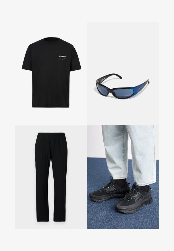 Zwarte katoen T-shirt met korte mouwen en een ronde hals. Bevat witte tekst "ALLSAINTS" en "LONDEN" op de linkerborst.; Zwarte losvallende broek met een elastische tailleband, twee zijzakken en een gladde, lichte stoftextuur.; Zwarte sportschoenen met gestructureerde stof en rubberen zolen, met elastische veters en een blauwe accent op de hiel. Draag samen met lichte spijkerbroeken.; Zonnebril met een zwart plastic frame en blauwe accenten, met een rondom ontwerp, donker getinte lenzen, met gestructureerde zijkanten en een logo detail.