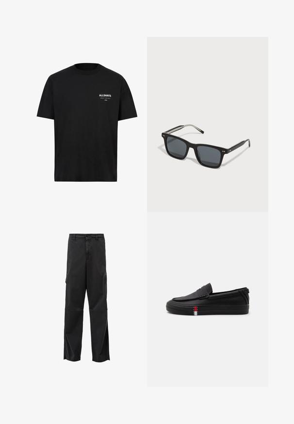 Sort bomulds t-shirt med korte ærmer og rund hals. Har hvid tekst "ALLSAINTS" og "LONDON" på venstre brystområde.; Sorte cargo bukser med lige skæring, knaplukning og sidelommer. Glat stof med mat finish og uden synlige mønstre.; Sort slip-on loafer med tekstureret overdel, gummisål og lille rektangulært logoetiket på siden af sålen.; Sorte firkantede solbriller med mørke linser, plastikramme, metalaccenter og signaturlogo på bøjen. Slank design med et moderne udseende.