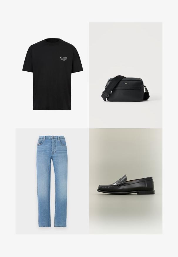 Zwarte katoen T-shirt met korte mouwen en een ronde hals. Bevat witte tekst "ALLSAINTS" en "LONDEN" op de linkerborst.; Lichtblauwe denim jeans met een recht design, knoopsluiting, vijf-pocket styling en een subtiele vervaging. Klassieke jeanssilhouet.; Zwarte leren herenslipper met moc-toe ontwerp, pennestrook en lage hak op een neutrale achtergrond.; Zwarte gestructureerde leren crossbodytas met voorvak met ritssluiting en verstelbare brede stoffen schouderband op een witte achtergrond.