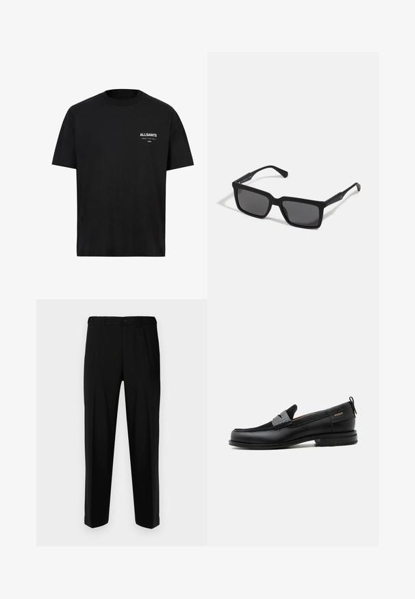 T-shirt en coton noir à manches courtes et col ras du cou. Présente un texte blanc "ALLSAINTS" et "LONDON" sur la partie gauche de la poitrine.; Pantalon noir en tissu lisse, présentant une coupe droite, deux poches avant et une fermeture à glissière avec bouton.; Mocassin en cuir noir avec détail de bride grise, talon bas et semelle texturée, marqué "HUGO" en or sur le côté.; Lunettes de soleil noires avec des verres rectangulaires, finition mate, épaisses montures et branches fines comprenant un subtil détail de marque.