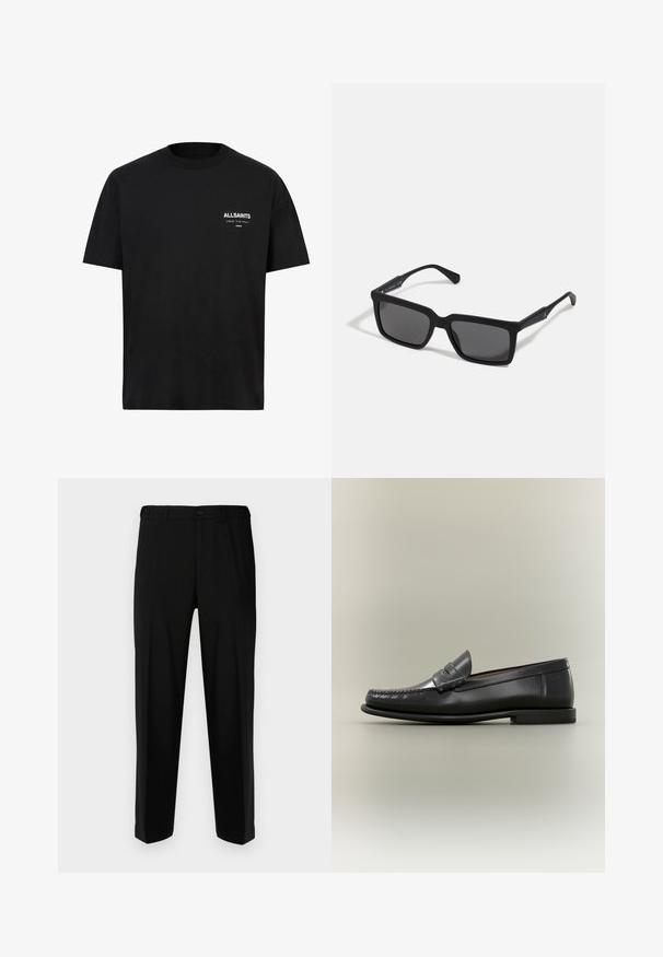 Sort bomulds t-shirt med korte ærmer og rund hals. Har hvid tekst "ALLSAINTS" og "LONDON" på venstre brystområde.; Sorte bukser lavet af glat stof, med lige snit, to forlommer og lynlås med knaplukning.; Sort læder herresko med moc-toe-design, penny-rem og lav hæl på en neutral baggrund.; Sorte solbriller med rektangulære linser, mat finish, tykke stel og slanke arme med en subtil brandingdetalje.