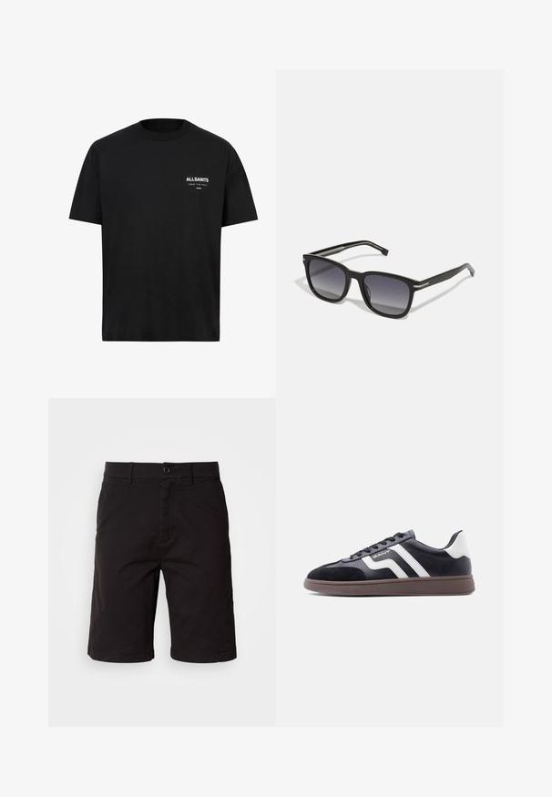 Sort bomulds t-shirt med korte ærmer og rund hals. Har hvid tekst "ALLSAINTS" og "LONDON" på venstre brystområde.; Sorte shorts lavet af et letvægtsstof, med knaplukning foran, bæltesløjfer, sidelommer og lige snit med omslag på kanterne.; Sorte sneakers med ruskind og syntetisk materiale, hvide diagonale striber og en brun tekstureret sål. Har snøredesign og polstret krave.; BOSS Solbriller - black