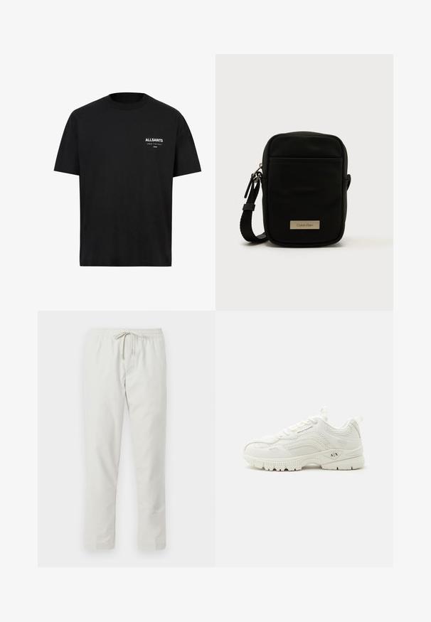 Zwarte katoen T-shirt met korte mouwen en een ronde hals. Bevat witte tekst "ALLSAINTS" en "LONDEN" op de linkerborst.; Lichtgrijze broek met een elastische tailleband en koord. Gemaakt van een gladde stof, met rechte pijpen en zonder zichtbare zakken.; Witte Armani Exchange sneaker met mesh- en leren details, veters aan de voorkant, merk "A|X" op zool en zijpaneel, laag uitgesneden sportief design.; Zwarte nylon crossbodytas met een rechthoekige vorm en een structuur, voorzien van een voorvak met rits en een metalen logo-plaatje. Inclusief verstelbare riem.