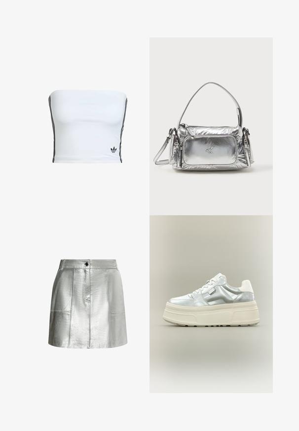 Witte strapless crop top van gladde stof, met zwarte zijkanten en een klein zwart logo aan de zoom. Eenvoudig ontwerp, zonder patronen.; Metaalachtige zilveren rok met een gladde textuur, aansluitende taille en paneeldetails. Voorzien van een sluiting met knopen aan de voorkant en schone lijnen.; Chunky plateau sneaker met metallic zilveren bovenwerk, witte veters en dikke crème-gekleurde textuurzool, zijaanzicht op neutrale achtergrond.; Metalen zilveren handtas met een rechthoekige vorm, bovenrits en een voorkantvak. Voorzien van een korte handgreep en een verstelbare schouderband. Gestructureerde afwerking.