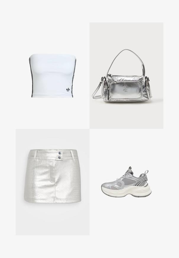 Witte strapless crop top van gladde stof, met zwarte zijkanten en een klein zwart logo aan de zoom. Eenvoudig ontwerp, zonder patronen.; Zilveren faux leren rok met een gestructureerd krokodillenpatroon, voorzien van twee blauwe knoopaccenten en een aansluitend ontwerp.; Zilveren sportschoenen met een mesh bovenwerk, afgeronde zool, textuurdetails en versterkte accenten voor extra ondersteuning.; Metalen zilveren handtas met een rechthoekige vorm, bovenrits en een voorkantvak. Voorzien van een korte handgreep en een verstelbare schouderband. Gestructureerde afwerking.