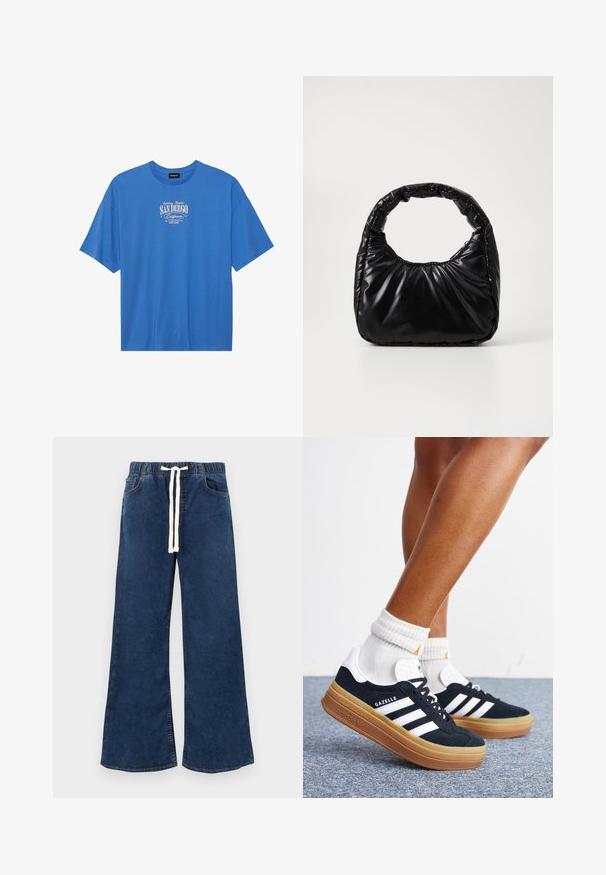 Blauwe katoenen t-shirt met korte mouwen. Heeft een witte grafische tekstprint met de tekst "San Diego, Californië" gecentreerd op de borst.; Blauwe denim broek met wijde pijpen, elastische tailleband en witte trekkoord, voorzien van voor- en achterzakken en oranje stiksels.; Ben met witte sokken en zwarte Adidas Gazelle sneakers met witte strepen en dikke bruine zolen op een grijs tapijt.; Zwarte gevoerde handtas met een ronde handgreep, met een gladde, glanzende oppervlakte en een zachte, gewatteerde textuur. Geen zichtbare metalen onderdelen of accenten.