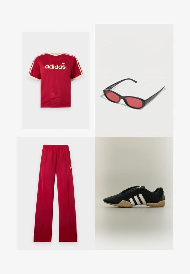 Κόκκινο διαπνέον μπλουζάκι Adidas με μπεζ φινίρισμα σε γιακά, μανίκια και τρεις ρίγες στους ώμους, με το λογότυπο της Adidas και κείμενο στο μπροστινό μέρος.; Κόκκινο παντελόνι φόρμας με φαρδιά γραμμή, ελαστική μέση, πλαϊνές τσέπες με φερμουάρ, λευκές ρίγες στα πλαϊνά και μικρό λευκό λογότυπο στο αριστερό μπούτι.; Μαύρο αθλητικό παπούτσι με λευκές ρίγες και μπεζ υφασμένο πάτο σε ουδέτερο φόντο, εμφανίζεται σε πλαϊνή όψη.; Μαύρα οβάλ γυαλιά ηλίου με λεπτούς βραχίονες και κόκκινα φακούς, τοποθετημένα πάνω σε λευκή επιφάνεια.