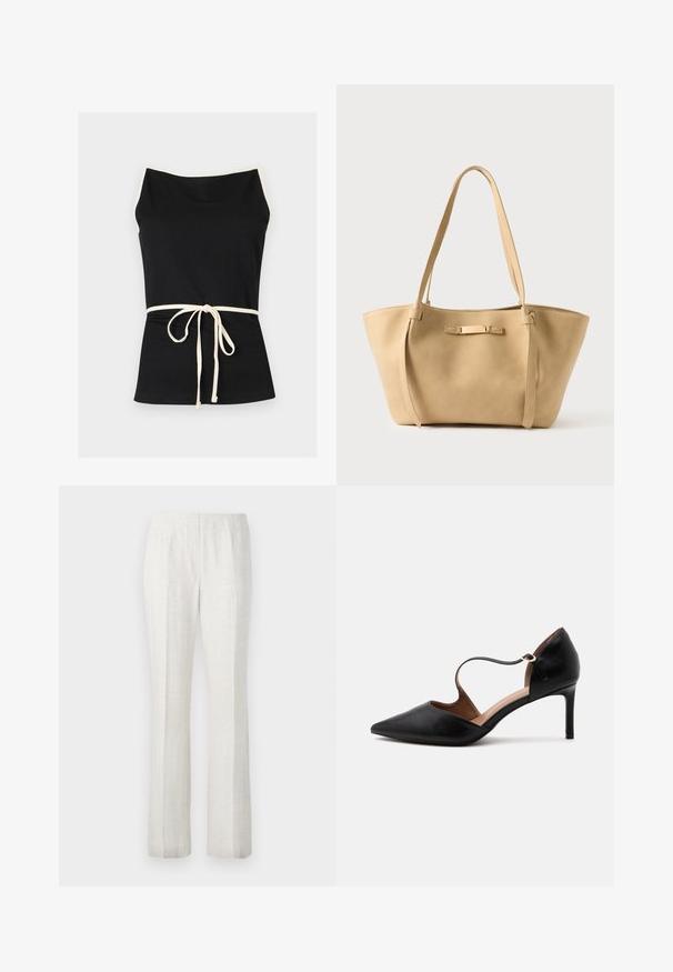 Haut noir sans manches avec bordure blanche sur les bretelles et ceinture nouée à l'avant, sur fond blanc.; Pantalons de couleur claire, à jambes droites et texture lisse, dotés de plis frontaux et d'une ceinture au design épuré.; Chaussure à talon haut en cuir noir à bout pointu avec une fine bride à la cheville et un talon stiletto de hauteur moyenne sur fond blanc.; Sac fourre-tout en cuir beige avec deux longues lanières, texture lisse et un subtil accent en métal à l'avant. Conception à ouverture supérieure, intérieur spacieux.