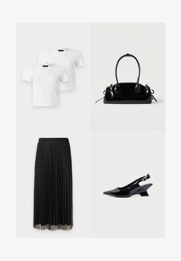 Dos camisetas blancas lisas de manga corta con cuello redondo y etiquetas de la marca JJXX, mostradas sobre un fondo gris claro.; Falda midi negra plisada con un sutil estampado de leopardo, cinturilla elástica y textura transparente en el dobladillo.; Zapato slingback de cuero charol negro con puntera puntiaguda y tacón bajo en bloque inclinado sobre fondo claro liso.; Pequeño bolso negro brillante con dos asas largas y detalles de cordón lateral sobre un fondo claro liso.