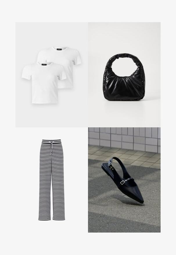 To enkle hvide T-shirts med korte ærmer og rund hals med JJXX mærke-etiketter vist på en lys grå baggrund.; Sort-hvide brede bukser med vandrette striber og elastisk snøre i taljen.; Sort flad slingback med spids tå og dobbelte spænder, hvilende på grå asfalt nær flisevæg.; Sort polstret håndtaske med et rundt håndtag, der har en glat, skinnende overflade og en blød, kviltet tekstur. Ingen synlige hardware eller accenter.