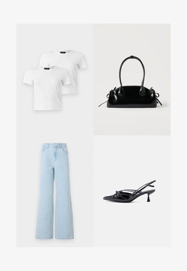 To enkle hvide T-shirts med korte ærmer og rund hals med JJXX mærke-etiketter vist på en lys grå baggrund.; Lys blå denim vide ben jeans med høj talje, der har en knaplukning, fem lommer og en subtil falmet tekstur.; Sort laklæder slingback-pumpe med spids tå, lav kittenhæl og dekorativ knyttet sløjfedetalje foran.; Lille sort blank håndtaske med to lange håndtag og snøre-detaljer i siden på en ensfarvet lys baggrund.
