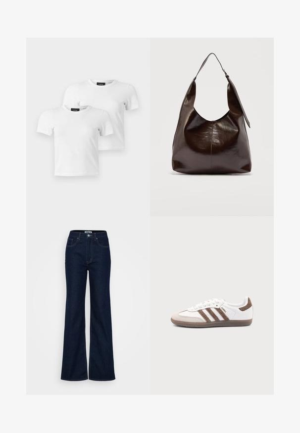 Dos camisetas blancas lisas de manga corta con cuello redondo y etiquetas de la marca JJXX, mostradas sobre un fondo gris claro.; ONLY Tall ONLJUICY WIDE RINSE - Pernera ancha - dark blue denim; Zapatilla blanca Adidas Samba con franjas de ante marrón, suela de goma marrón y puntera de ante beige, vista desde el lado exterior sobre un fondo liso.; Bolso de hombro de cuero marrón oscuro brillante con una sola correa ancha y detalle de hebilla en un lado, colocado sobre un fondo claro y sencillo.