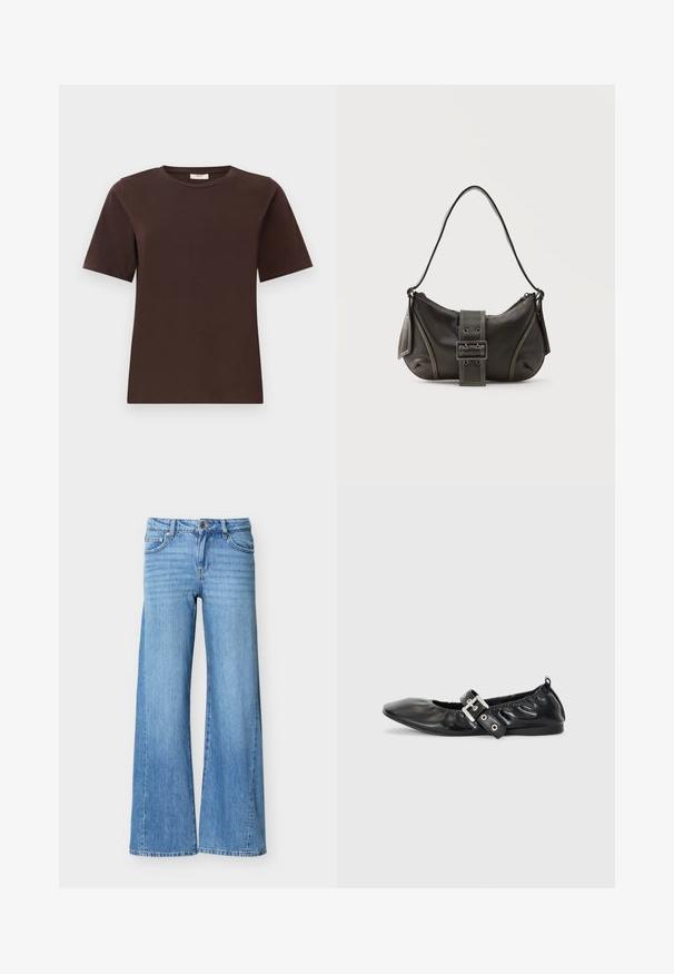 Brun bomulds t-shirt med klassisk rund hals, korte ærmer og lige kant. Blød tekstur, ingen mønstre eller udsmykninger.; Lyseblå denimjeans med høj talje, knap- og lynlåslukning, forlommer og vide ben.; Sorte læder flade sko med spids tå, samling detaljer omkring åbningen, og en sølv spænde accent på den justerbare rem.; Sort læder skuldertaske med spænde på remmen, afrundede kanter og kontrasterende hvide syninger på en ensfarvet baggrund.