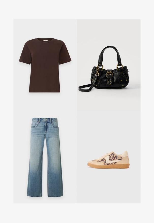 Brun bomulds t-shirt med klassisk rund hals, korte ærmer og lige kant. Blød tekstur, ingen mønstre eller udsmykninger.; Lyseblå jeans med vide ben og falmet finish, med knaplukning, fem lommer og syning langs sømmene.; Leopardprint sneakers med beige ruskindsoverdel, tan gummisål og hvide detaljer. Rund pegefinger og snørebåndsdesign med en tekstureret finish.; Sort læderhåndtaske med guldbælge og nitdetaljer, korte håndtag og en justerbar skulderrem på en ensfarvet hvid baggrund.