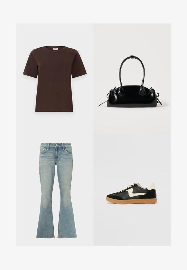 Brun bomulds t-shirt med klassisk rund hals, korte ærmer og lige kant. Blød tekstur, ingen mønstre eller udsmykninger.; Lyseblå vide jeans lavet af denim med en slidt finish, fem lommer og lynlås med knaplukning.; Sorte ruskinds- og lædersneakers med en cremefarvet side-swoosh og lys cremefarvet hæl. Har beige snørebånd og en gummirubber-sål.; Lille sort blank håndtaske med to lange håndtag og snøre-detaljer i siden på en ensfarvet lys baggrund.