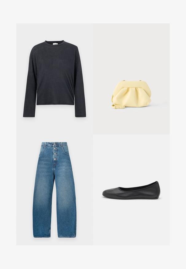 Dunkelgraues, langärmeliges, gekürztes T-Shirt aus einem leichten, leicht strukturierten Stoff. Hat einen runden Halsausschnitt und eine lockere Passform.; Weite blaue Denim-Jeans mit hoher Taille, Fünf-Knopf-Verschluss vorne und zwei seitlichen Taschen. Glatte Textur, klassischer blauer Waschung.; Schwarze Leder-Ballettschuhe mit abgerundeter Spitze, glatter Textur, minimalen Nähdetails und einem flexiblen Sohlen-Design.; Weiche gelbe Leder-Clutch mit gerafftem Design und abnehmbarem Riemen, vor einem schlichten hellen Hintergrund.