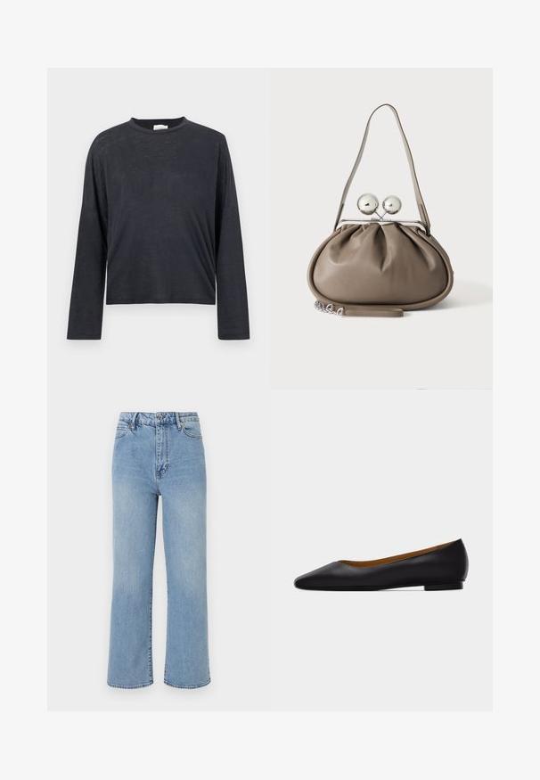 Camiseta corta de manga larga en gris oscuro, hecha de una tela ligera y ligeramente texturada. Presenta un escote redondo y un corte holgado.; Vaqueros de denim de color azul claro de pierna ancha con cintura alta, diseño de cinco bolsillos y costuras contrastantes en los bordes.; Zapato plano de punta puntiaguda de cuero negro con tacón bajo y acabado liso, mostrado de perfil sobre un fondo gris claro.; Bolso de mano de cuero gris con forma redondeada, cierre superior con dos grandes esferas plateadas y una sola asa de correa.