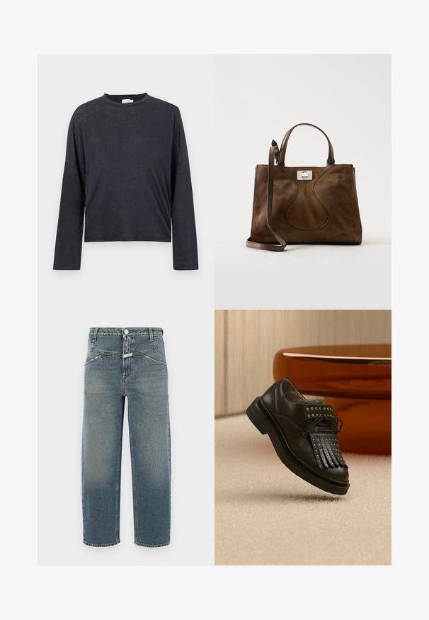 Dunkelgraues, langärmeliges, gekürztes T-Shirt aus einem leichten, leicht strukturierten Stoff. Hat einen runden Halsausschnitt und eine lockere Passform.; CLOSED STOVER X - Jeans Tapered Fit - mid blue; Schwarzer Leder-Schnürschuh mit dekorativer Fransen und Metallnieten auf beigem Teppich neben braunen Möbeln.; Braune Wildleder-Handtasche mit Ledergriffen und verstellbarem Schulterriemen, mit silberfarbenem Verschluss auf schlichtem weißem Hintergrund.