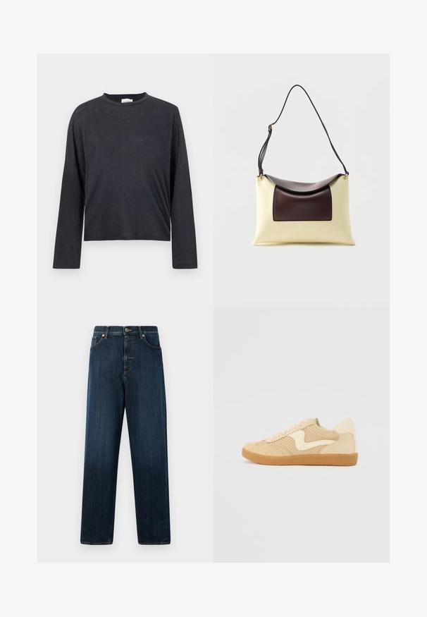 Dunkelgraues, langärmeliges, gekürztes T-Shirt aus einem leichten, leicht strukturierten Stoff. Hat einen runden Halsausschnitt und eine lockere Passform.; Dunkelblaue, gerade geschnittene Jeans aus Denim, mit klassischem Fünf-Taschen-Design, gesteppten Details und einem Knopfverschluss an der Taille.; Beige Sneaker aus Wildleder und Mesh-Materialien, runde Form, auffälliger gepolsterter Kragen und eine Sohle aus Gummi. Verfügt über ein wellenförmiges Design-Highlight.; Schultertasche aus cremefarbenem und dunkelbraunem Leder mit abgerundetem Klappdeckel und verstellbarem schwarzem Riemen auf weißem Hintergrund.