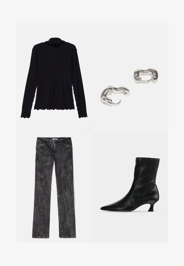 Rodebjer CISNE - Langærmet T-shirt - black; Sorte denimbukser med en slidt tekstur, der har forlommer, en lynlåsgylp og et lige ben-design.; Sort læderstøvle til midt på læggen med spids tå og lav kittenhæl, vist fra siden på en ensartet lys baggrund.; Sølvøreringe med et glat, bølget design; har en kraftig form og en poleret overflade, der fremhæver en moderne æstetik.
