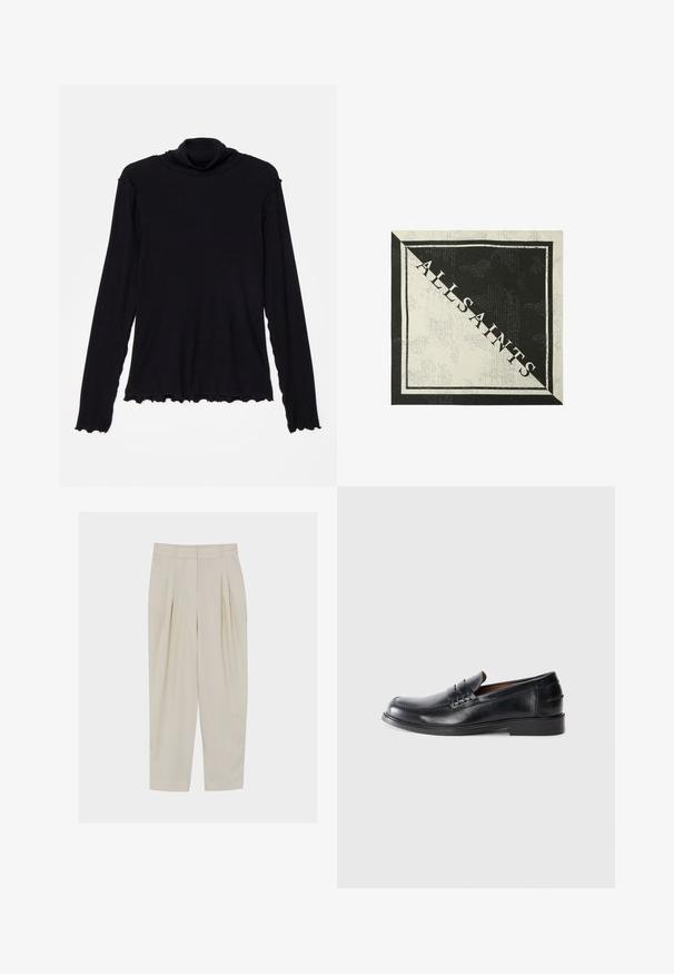 Rodebjer CISNE - Langærmet T-shirt - black; Beige højttaljede skræddersyede bukser med folder, sidelommer, bæltestropper og lynlås foran.; Sorte læder loafers med en rund tå, syninger og en lav blokhælhæl. Glat tekstur med en subtil glans.; Firkantet tørklæde med sort og hvid diagonale halvdele, sort kant og teksten "ALLSAINTS" på tværs af diagonalen i hvide bogstaver.
