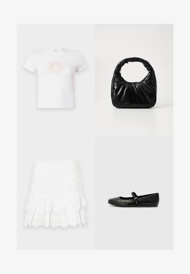 Witte katoenen t-shirt met korte mouwen, voorzien van een roze zonafbeelding met stralen en een gezicht ontwerp in het midden. Soepele textuur, casual pasvorm.; Witte katoenen rok met een gelaagde ruffle-design en oogjes borduurwerk aan de zoom. Gladde textuur, hoogte boven de knie.; Zwarte leren balletschoenen met een ronde neus, een platte zool en een dunne verstelbare band over de wreef met een metalen gesp.; Zwarte gevoerde handtas met een ronde handgreep, met een gladde, glanzende oppervlakte en een zachte, gewatteerde textuur. Geen zichtbare metalen onderdelen of accenten.
