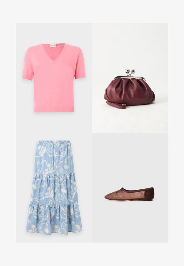 Pull rose à manches courtes avec col en V, poignets et ourlet côtelés, présenté sur un fond gris clair.; Jupe bleu clair à volants avec broderie blanche sur le thème de la mer, comprenant des coquillages, des poissons et des cordages, taille élastique et couches de tissu froncées.; Ballerines marron avec une tige lisse et un éclat délicat, un bout arrondi, un feston élastiqué et des accents tonals subtils au niveau du talon.; Petit sac pochette en cuir bordeaux avec fermoir métallique argenté et bracelet sur fond blanc.