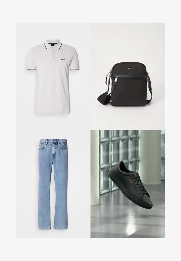 Weißes Poloshirt aus Baumwolle, mit einem schwarz abgesetzten Kragen und Ärmeln. Das Markenlogo "BOSS" ist auf der linken Brust gestickt.; Hellblaue Jeans aus Denim mit geradem Bein, fünf Taschen und Knopfverschluss. Nähte in der Nähe der Taschen und des Bundes.; Schwarzer flacher Ledersneaker mit schwarzen Schnürsenkeln und goldenem BOSS-Logo an der Seite, schwebend über einem glänzenden grauen Boden in einem modernen Innenraum.; Schwarze Umhängetasche aus strukturiertem Stoff, mit Logo auf der Vorderseite, Reißverschluss und verstellbarem Tragegurt. Verfügt über eine glatte Lederbesatz.
