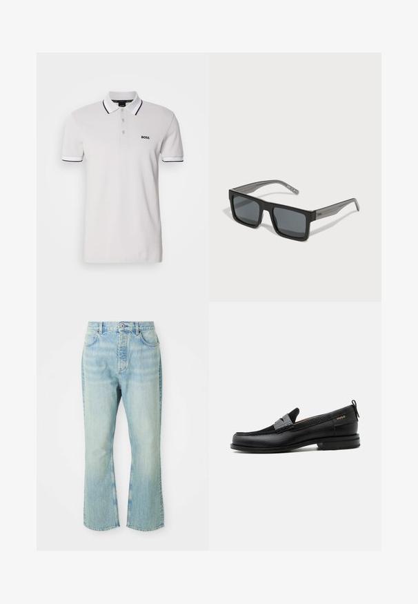 Weißes Poloshirt aus Baumwolle, mit einem schwarz abgesetzten Kragen und Ärmeln. Das Markenlogo "BOSS" ist auf der linken Brust gestickt.; Hellblaue, ausgestellte Jean mit hoher Taille, ausgestattet mit fünf Taschen, Gürtelschlaufen und einem ausgewaschenen Denim-Look.; Schwarzer Lederloafer mit grauem Riemendetail, niedrigem Absatz und strukturierter Sohle, seitlich mit „HUGO“ in Gold gebrandmarkt.; HUGO Sonnenbrille - black