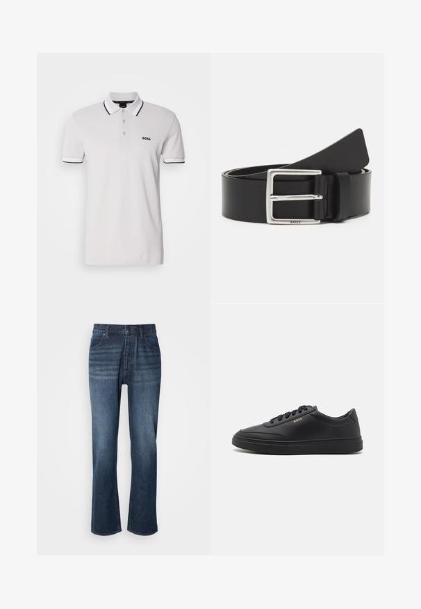 Polo shirt blanc en coton, avec un col et des manches à bordure noire. Le logo de la marque "BOSS" est brodé sur la poitrine gauche.; Jean en denim avec une coupe droite, lavage moyen, style à cinq poches et fermeture à bouton. Le tissu a une texture lisse avec un léger délavage.; Baskets en cuir noir avec une texture lisse, bout rond, semelle en caoutchouc plate et lacets ton sur ton. Présente une marque "BOSS" dorée sur le côté.; Ceinture en cuir noir avec une boucle rectangulaire en argent, dotée d'un logo discret et d'une texture lisse. Les extrémités se terminent en rondeur.