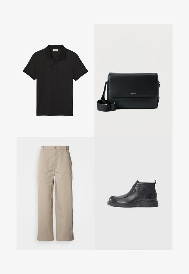 Polo noir à manches courtes avec deux boutons et petit logo Calvin Klein brodé sur le côté gauche de la poitrine.; Pantalon beige à jambes larges en coton ; doté de poches plaquées à l'avant, d'une fermeture à bouton et de coutures visibles le long des ourlets.; Bottes noires en cuir à talon arrondi, avec un design à lacets et une languette à l'arrière. Tige texturée et semelle en caoutchouc.; Sac messager en cuir noir à surface texturée, avec une bandoulière ajustable et un rabat avant affichant un logo discret. Forme compacte et rectangulaire.