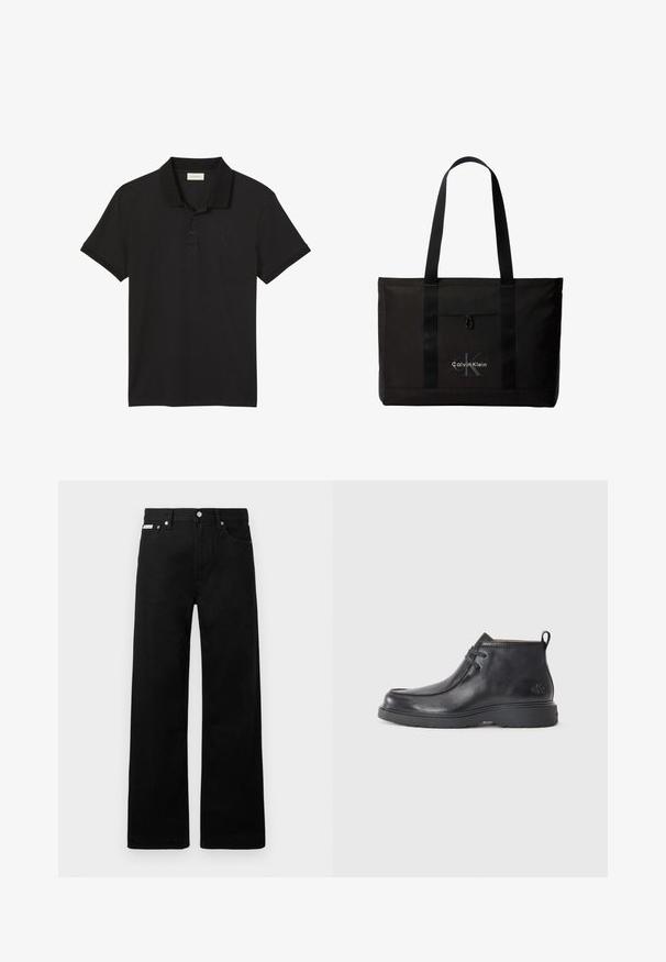 Sort polo t-shirt med korte ærmer, to knapper og lille broderet Calvin Klein-logo på venstre bryst.; Sorte denimbukser med bred ben-design, der har fem lommer og metallisk knapdetalje. Glat tekstur, uden synlige mønstre.; Sorte læder ankelstøvler med rund tå, snørelukning og en løkke bagpå. Tekstureret overdel og gummisål.; Sort Calvin Klein tote taske med to lange håndtag og lomme foran, med mærkets logo i hvid og grå.