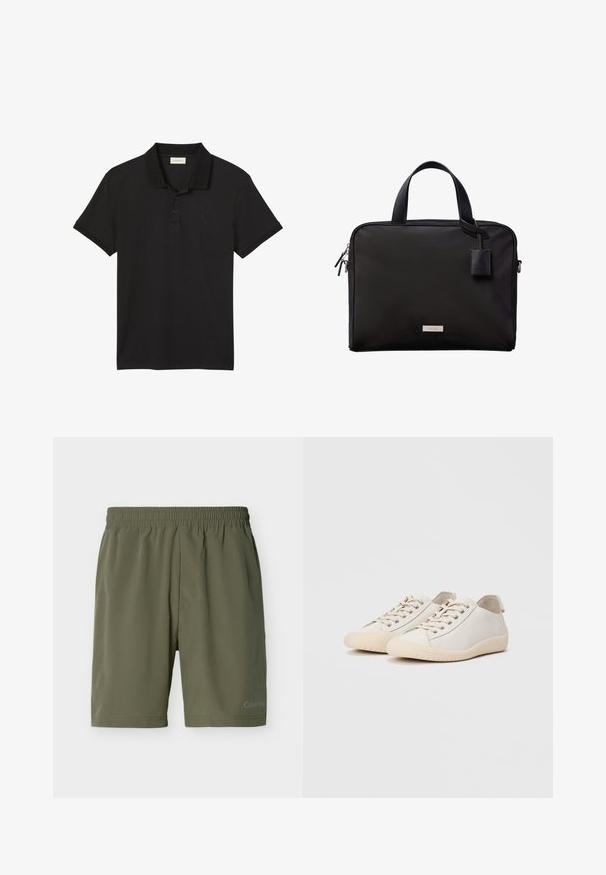 Schwarzes Polohemd mit kurzen Ärmeln, zwei Knöpfen und kleinem gesticktem Calvin Klein Logo auf der linken Brust.; Olivgrüne Herren-Shorts mit elastischem Bund und dezentem Calvin Klein-Logo am unteren linken Bein, schlichtes Design.; Weiße Sneaker aus glattem Leder mit tonalem Nähten, Schnürverschluss, runder Zehenpartie und einer strukturierten Gummisohle.; Schwarze Calvin Klein Aktentasche mit doppelten Griffen, Frontreißverschluss und angebrachtem Lederanhänger vor weißem Hintergrund.