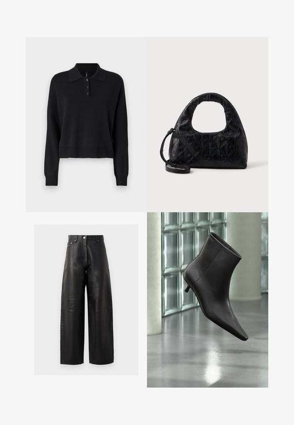 Pull en coton noir tricoté à manches longues, avec un col plat et une patte de boutonnage à trois boutons. Présente des poignets et un ourlet côtelés.; Pantalons larges en cuir noir avec taille haute, poches avant et détails de couture subtils. La texture lisse met en valeur le design.; Bottine en cuir noir avec bout pointu et petit talon, présentée devant un mur en blocs de verre et un sol poli.; Sac à main en cuir noir avec une anse supérieure incurvée, un motif en diamant subtile, et une bandoulière détachable. La texture est lisse avec des détails embossés.