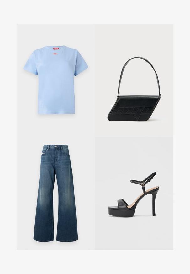 T-shirt en coton bleu clair à manches courtes avec l'étiquette rouge de la marque Diesel au niveau du cou et un petit logo ovale rouge en dessous du col.; Jean évasé en denim bleu foncé, présentant une finition délavée, un design traditionnel à cinq poches et une fermeture à bouton métallique à la taille.; Sandales à plateforme noires avec un talon haut stilettos, dotées d'une tige en cuir lisse, d'un bout ouvert et d'une bride de cheville ajustable avec ferrures.; Sac d'épaule en cuir noir de forme triangulaire, avec un logo embossé et une seule bandoulière réglable. Design minimaliste avec une texture lisse.