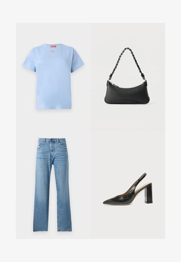 T-shirt en coton bleu clair à manches courtes avec l'étiquette rouge de la marque Diesel au niveau du cou et un petit logo ovale rouge en dessous du col.; Jeans en denim bleu clair avec une coupe droite, dotés d'une taille standard, de cinq poches et d'un léger dégradé sur le tissu.; Chaussure slingback en cuir noir à bout pointu avec un talon bloc haut et une doublure intérieure beige sur un fond clair uni.; Sac à bandoulière en cuir noir de forme rectangulaire incurvée, avec une chaîne dorée tissée dans la bandoulière noire tressée et une fermeture éclair sur le dessus.