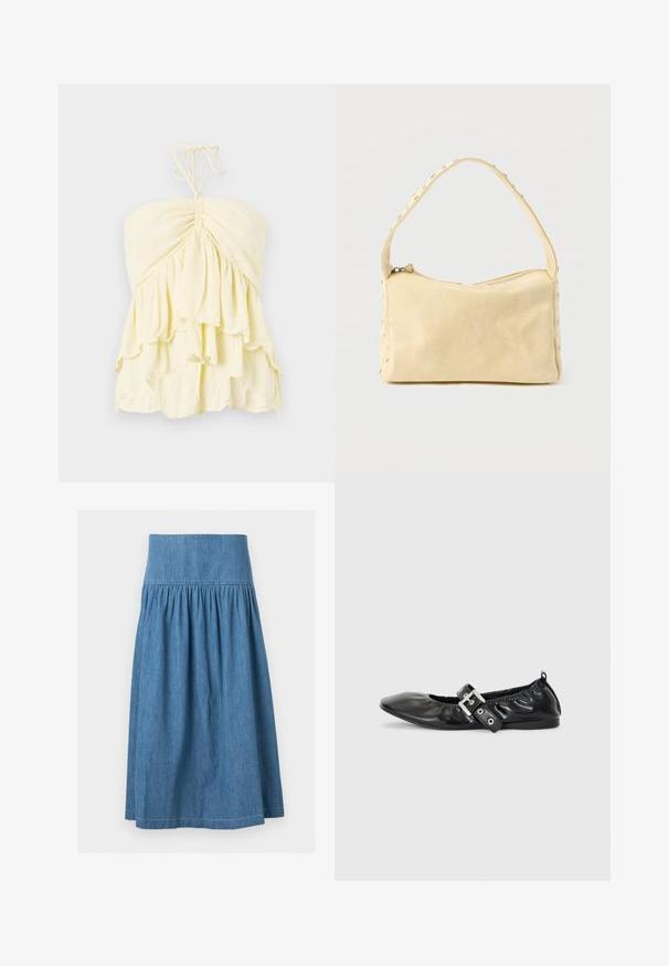 Haut jaune sans bretelles avec un corsage froncé, présentant des volants superposés. Fabriqué en tissu léger avec une texture douce. Se noue à l'arrière du cou.; Jupe en denim bleu mi-longue avec une large ceinture élastique et un tissu froncé pour une silhouette légèrement évasée.; Chaussure plate en cuir noir avec un nez pointu, des détails froncés autour de l'ouverture et un accent en boucle argentée sur la bride ajustable.; Petit sac à main en cuir beige avec une seule bandoulière et des clous argentés le long des bords et de la bandoulière, posé sur un fond uni.