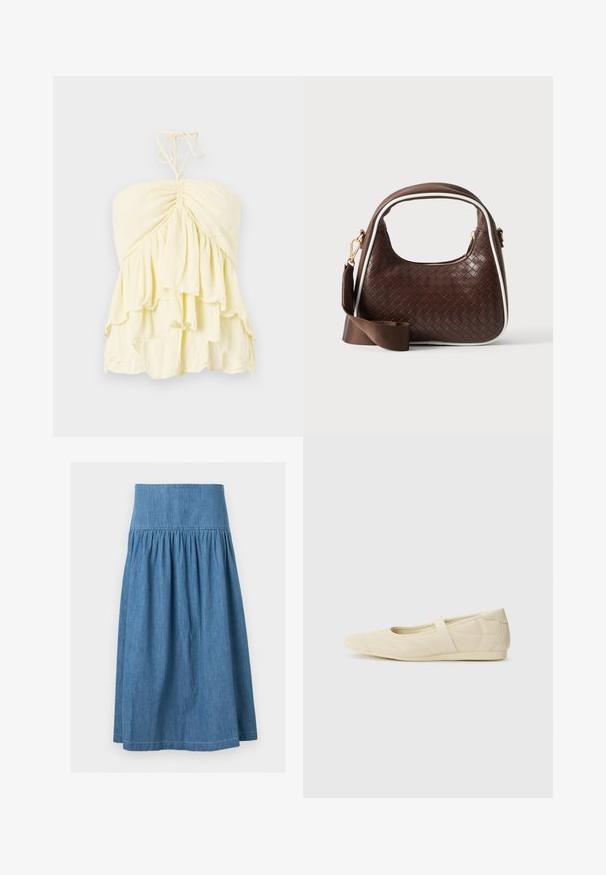 Haut jaune sans bretelles avec un corsage froncé, présentant des volants superposés. Fabriqué en tissu léger avec une texture douce. Se noue à l'arrière du cou.; Jupe en denim bleu mi-longue avec une large ceinture élastique et un tissu froncé pour une silhouette légèrement évasée.; Ballerines beiges avec une exterior en cuir lisse, un bout en forme d'amande et une sangle élastique sur le coup de pied, avec des détails de couture subtils.; Sac à main en cuir tressé marron avec passepoil blanc, fermeture éclair dorée et bandoulière amovible en tissu marron.