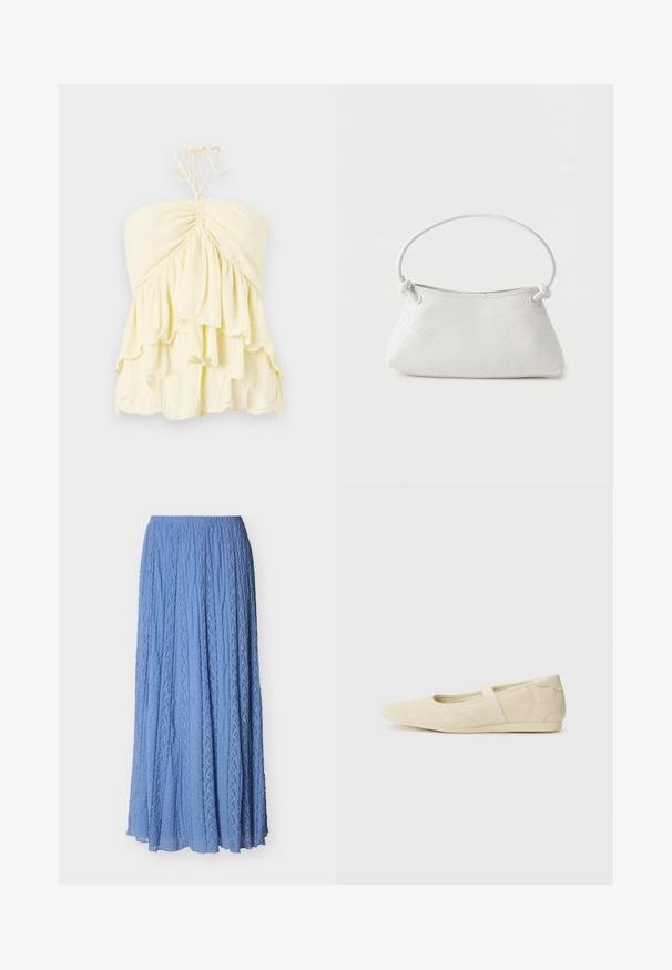 Top amarillo sin tirantes con cuerpo fruncido, que presenta volantes en capas. Fabricado con una tela ligera y de textura suave. Se ata al cuello.; Falda larga plisada en azul claro con franjas verticales de encaje texturizadas y cintura elástica.; Bailarinas beige con un exterior de cuero liso, punta en forma de almendra y una correa elástica en el empeine, con detalles de costura sutiles.; Bolso de mano de cuero blanco tejido con asa redondeada y extremos de la correa anudados, exhibido sobre un fondo liso.