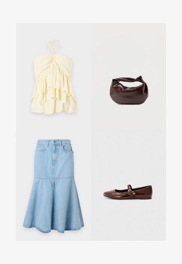 Haut jaune sans bretelles avec un corsage froncé, présentant des volants superposés. Fabriqué en tissu léger avec une texture douce. Se noue à l'arrière du cou.; Jupe en denim bleu clair avec un bas évasé, dotée d'une taille cintrée, de poches et de détails de couture subtils.; Ballerine en cuir verni marron avec un bout carré et une lanière ornée d'une petite boucle dorée. Texture lisse, talon bas et design minimaliste.; Sac bandoulière en cuir marron foncé avec une forme souple et décontractée et une anse nouée torsadée sur un fond blanc uni.