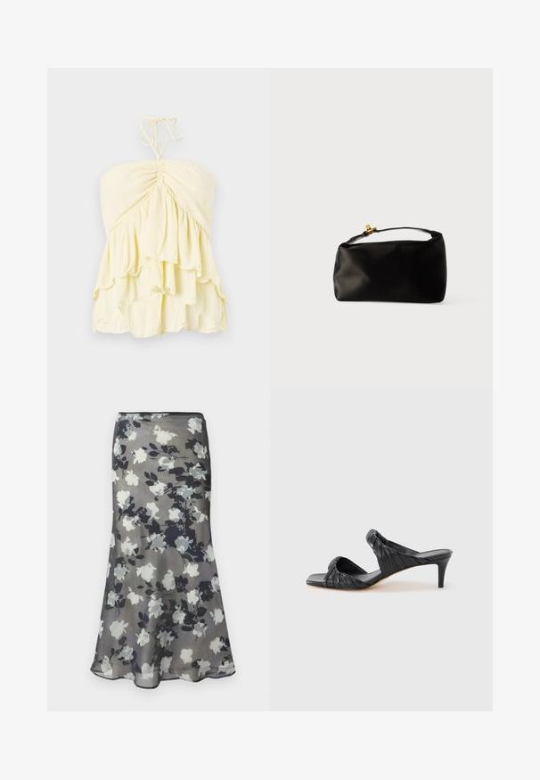 Top amarillo sin tirantes con cuerpo fruncido, que presenta volantes en capas. Fabricado con una tela ligera y de textura suave. Se ata al cuello.; Falda midi gris con estampado floral en negro, blanco y gris y un ligero vuelo en el dobladillo.; Sandalias negras con tacón y puntera cuadrada, hechas de cuero liso. Presentan tiras fruncidas y un tacón delgado para mayor elevación.; Bolsa de terciopelo negro con forma redondeada, un asa superior y un cierre de acento dorado. Textura suave con un diseño minimalista.