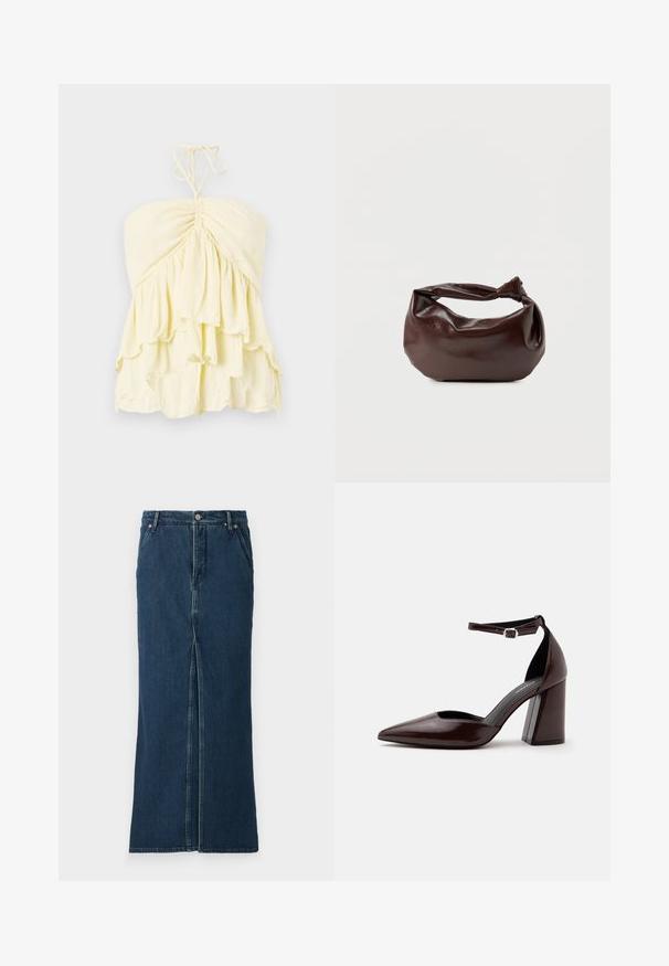 Top amarillo sin tirantes con cuerpo fruncido, que presenta volantes en capas. Fabricado con una tela ligera y de textura suave. Se ata al cuello.; Good American FIT AND FLARE MAXI SKIRT - Falda vaquera - indigo; Zapato de tacón alto de cuero marrón oscuro con punta puntiaguda, correa en el tobillo y hebilla plateada sobre fondo blanco.; Bolso de hombro de cuero marrón oscuro con una forma suave y caída, y un asa con nudo torcido sobre un fondo blanco liso.
