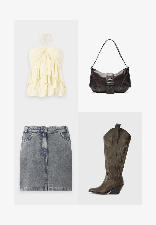 Top amarillo sin tirantes con cuerpo fruncido, que presenta volantes en capas. Fabricado con una tela ligera y de textura suave. Se ata al cuello.; Mini falda de mezclilla en gris con un lavado descolorido, con bolsillos frontales, cierre de botón y dobladillo recto. Tejido texturizado.; Bota de vaquero de cuero marrón con puntera afilada, tacón en cuña y bordado decorativo. Presenta un caña alta y una lengüeta de agarre.; Bolso de hombro de cuero marrón con forma curva, que presenta un prominente detalle de hebilla, costuras en contraste y una sola correa para el hombro.