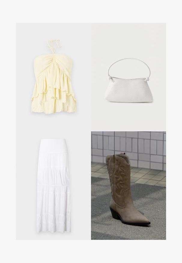 Top amarillo sin tirantes con cuerpo fruncido, que presenta volantes en capas. Fabricado con una tela ligera y de textura suave. Se ata al cuello.; Falda larga blanca de volantes hecha de tela ligera. Cuenta con una cinturilla elástica y una textura sutil con costuras horizontales.; Bota vaquera alta de ante beige con costuras decorativas y detalles de tachuelas, con punta puntiaguda y tacón negro inclinado sobre pavimento.; Bolso de mano de cuero blanco tejido con asa redondeada y extremos de la correa anudados, exhibido sobre un fondo liso.